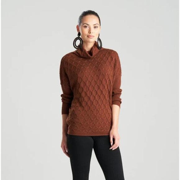Natori Textured Mandalay Turtleneck Wedge Top Cognac Size S - Picture 1 of 8